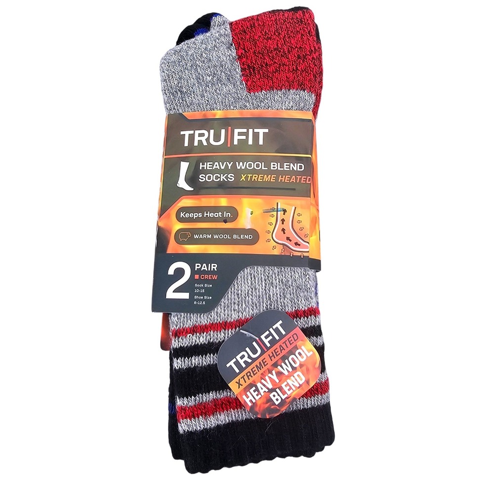 Tru Fit 2 Pair Heavy Wool Blend Xtreme Heated Crew Socks Grey Red TW2150-2 10-13